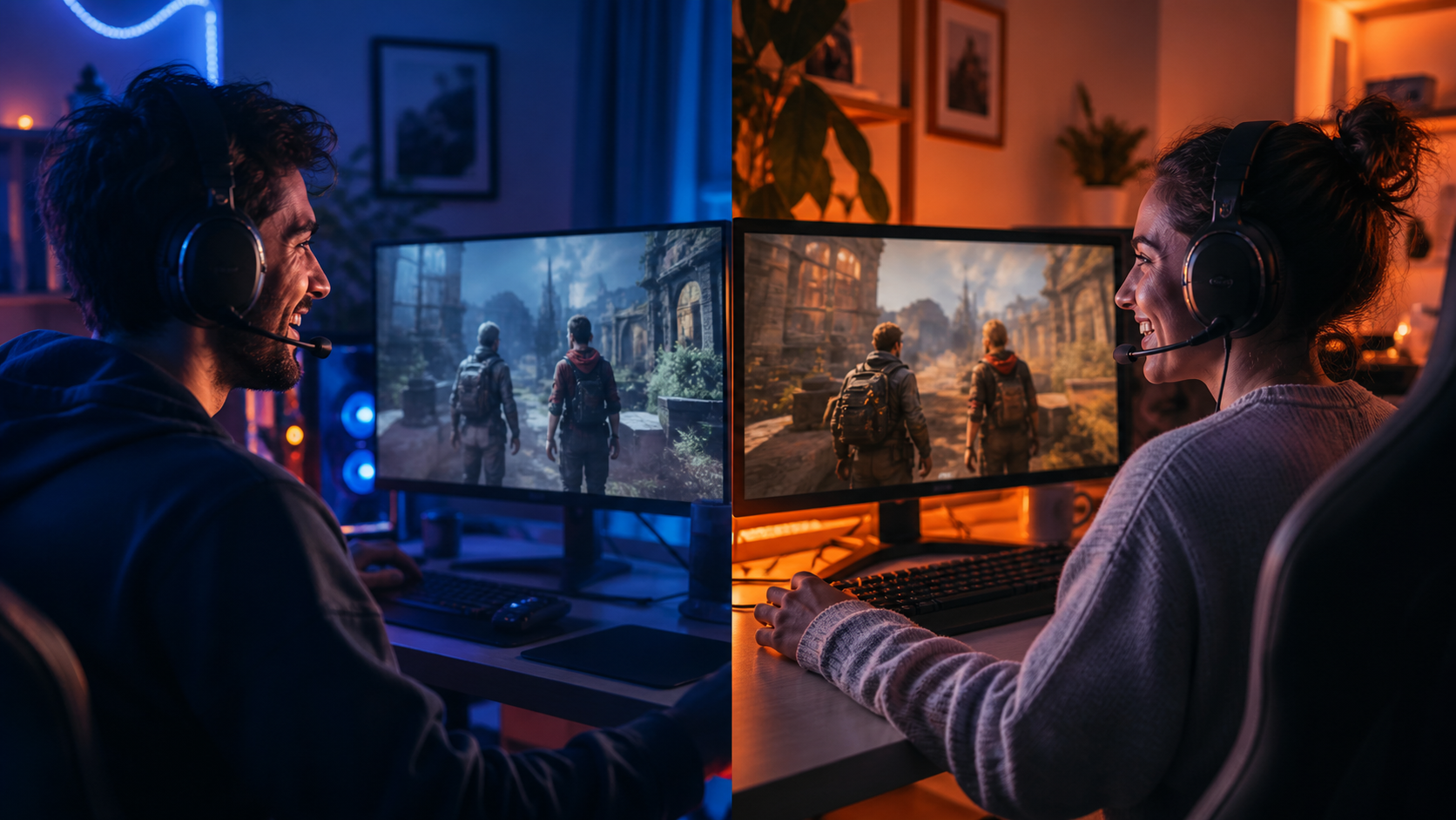 Deux gamers adultes jouent à distance au même jeu coopératif avec casques et micros